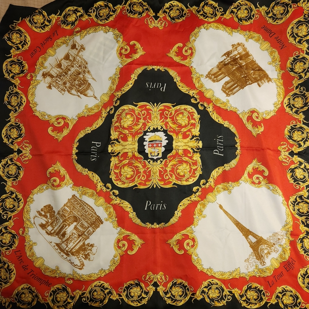 French scarf Paris 100% polyester black red brown gold